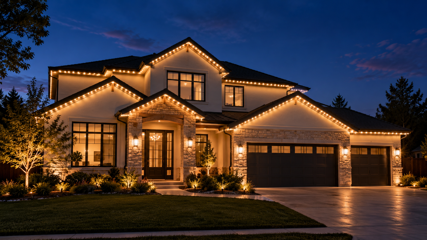 Home exterior with permanent outdoor lights on